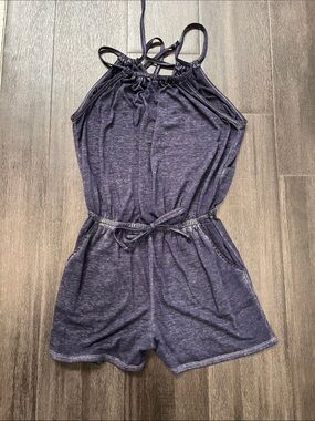Derek Heart Heathered Navy Blue Sleeveless Romper with Drawstring